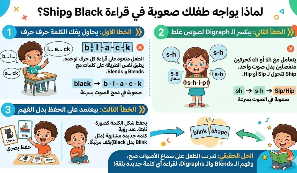 ليه طفلك مش قادر يقرأ black و ship؟