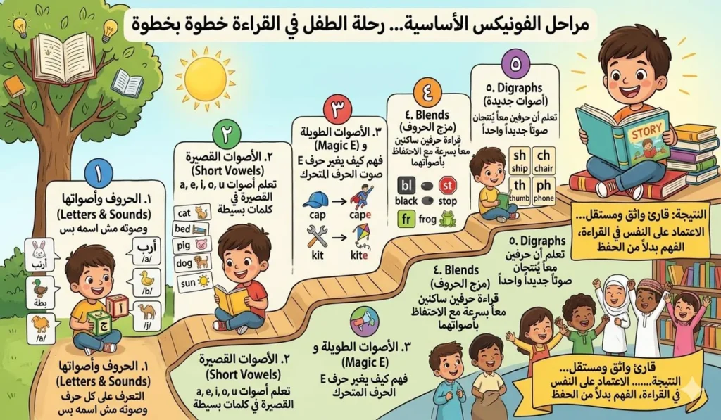 مراحل الفونيكس الأساسية… رحلة الطفل في القراءة خطوة بخطوة